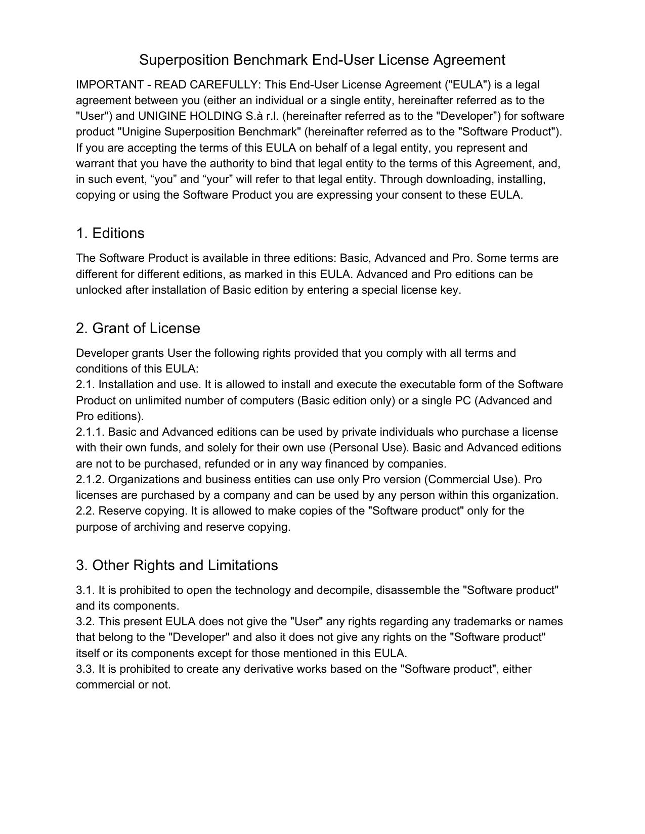 Superposition Benchmark End-User License Agreement