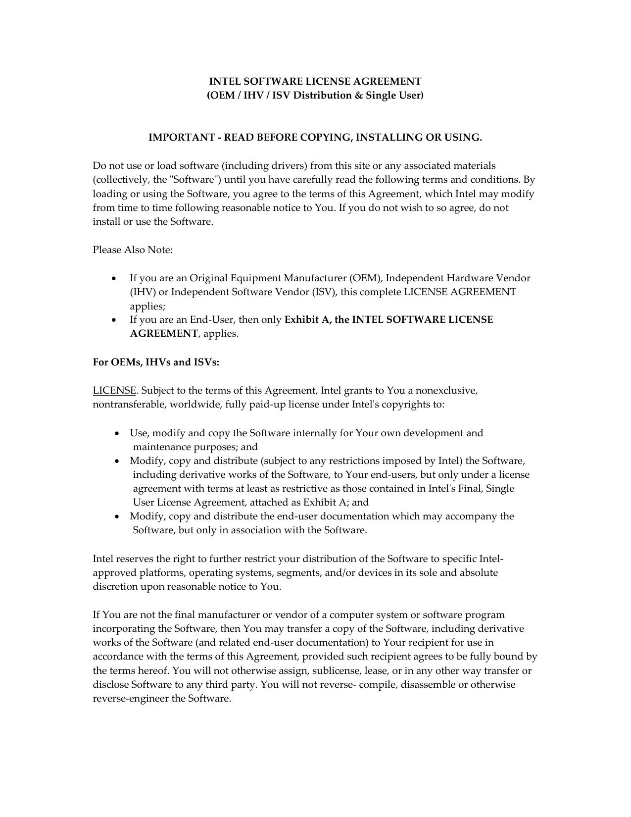 INTEL SOFTWARE LICENSE AGREEMENT