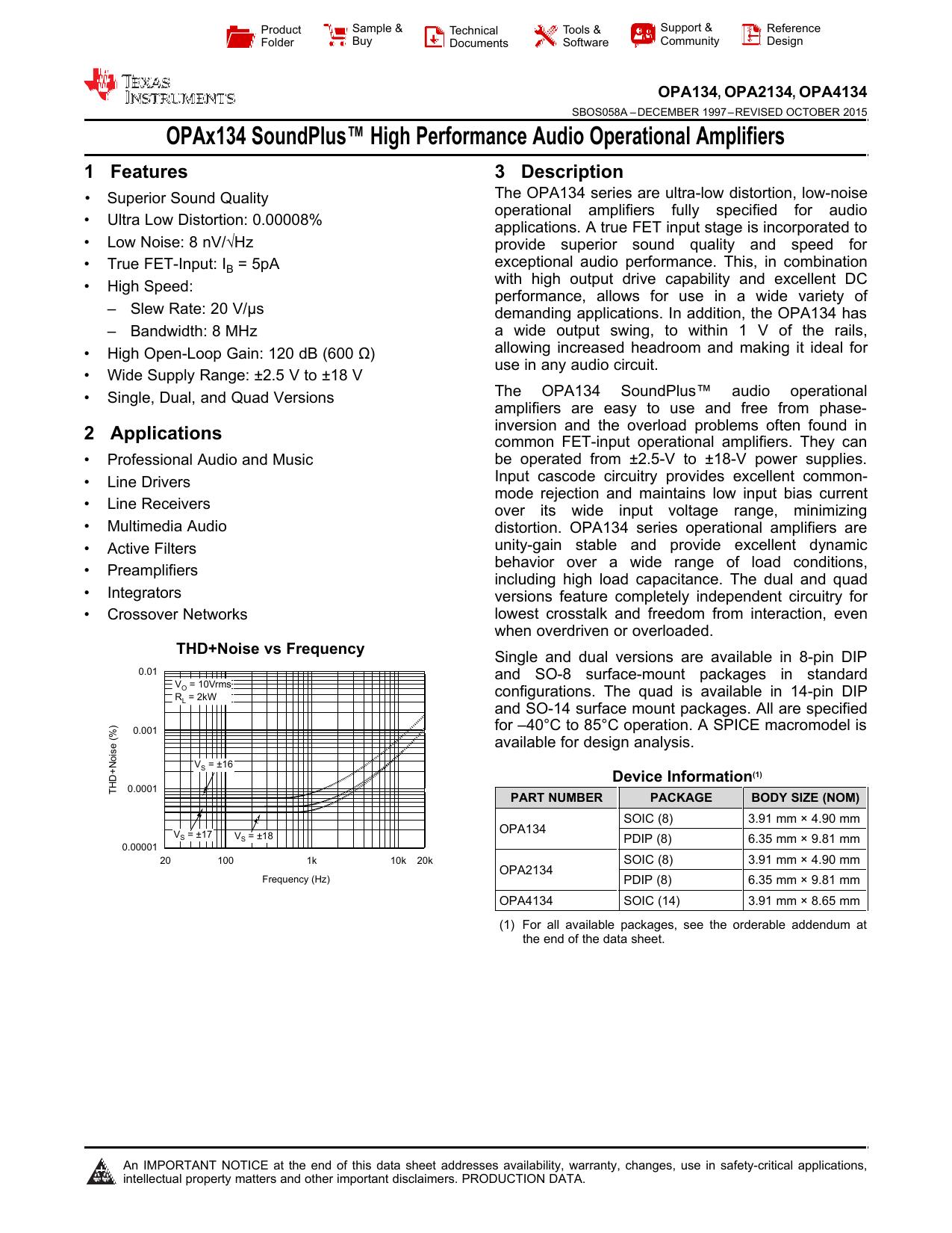 OPAx134 SoundPlus™ High Performance Audio Operational Amplifiers datasheet (Rev. A)