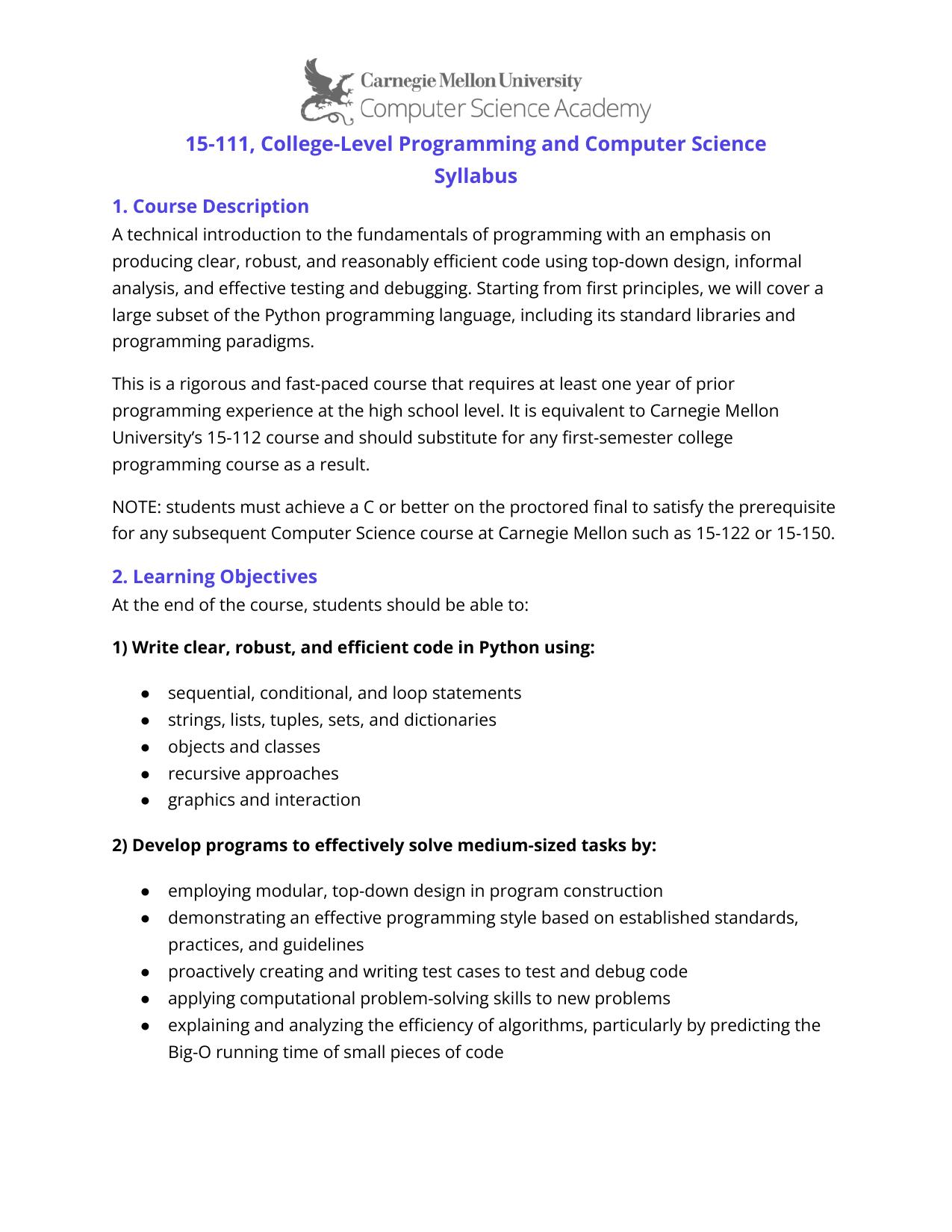 15-111, Programming and Computer Science Syllabus